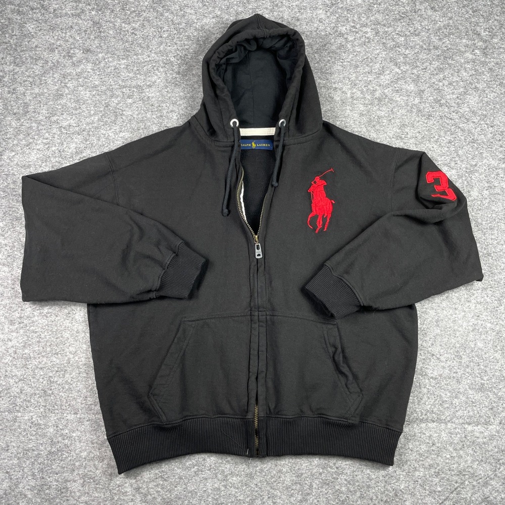 Polo Ralph Lauren Hoodie Mens XL Black Big Pony Full Zip Red Embroidery 3 Patch